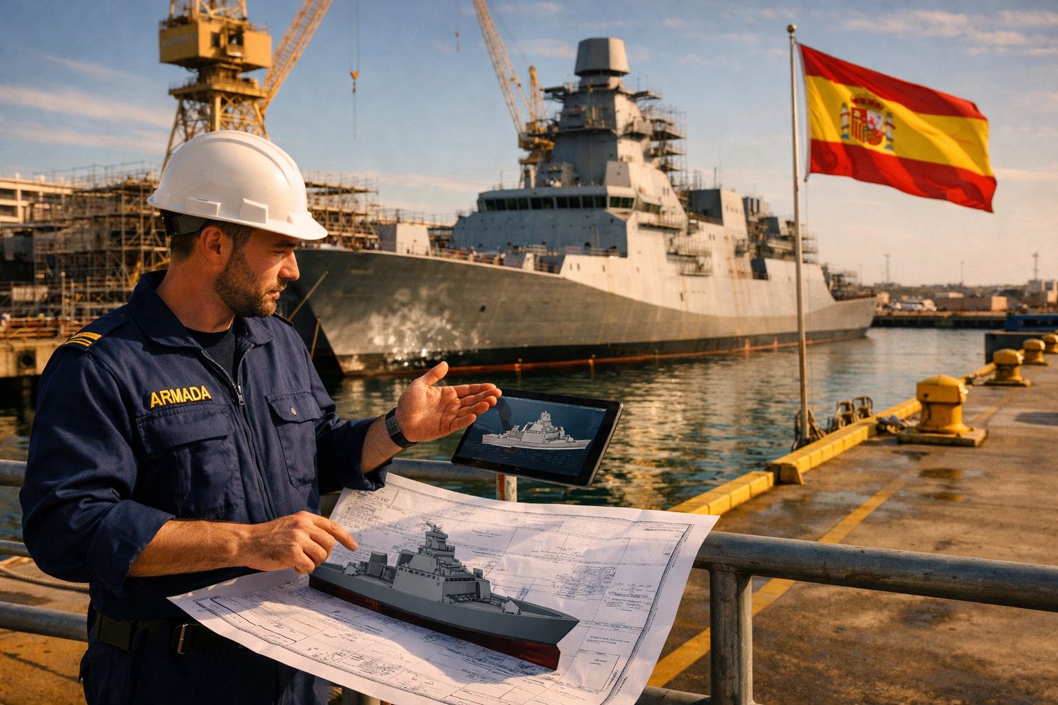 Militar da marinha espanhola com capacete e planta de navio, junto a um destróier no porto.
