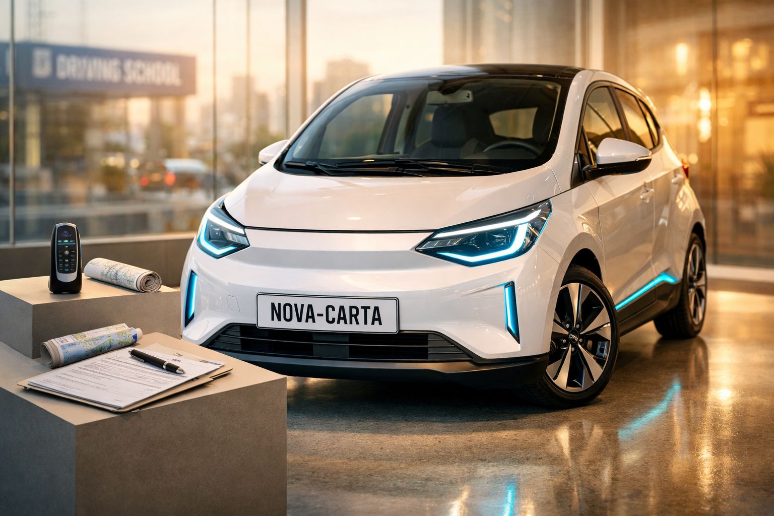 Carro branco moderno em escola de condução com placa "NOVA-CARTA" e documentos de condução ao lado.