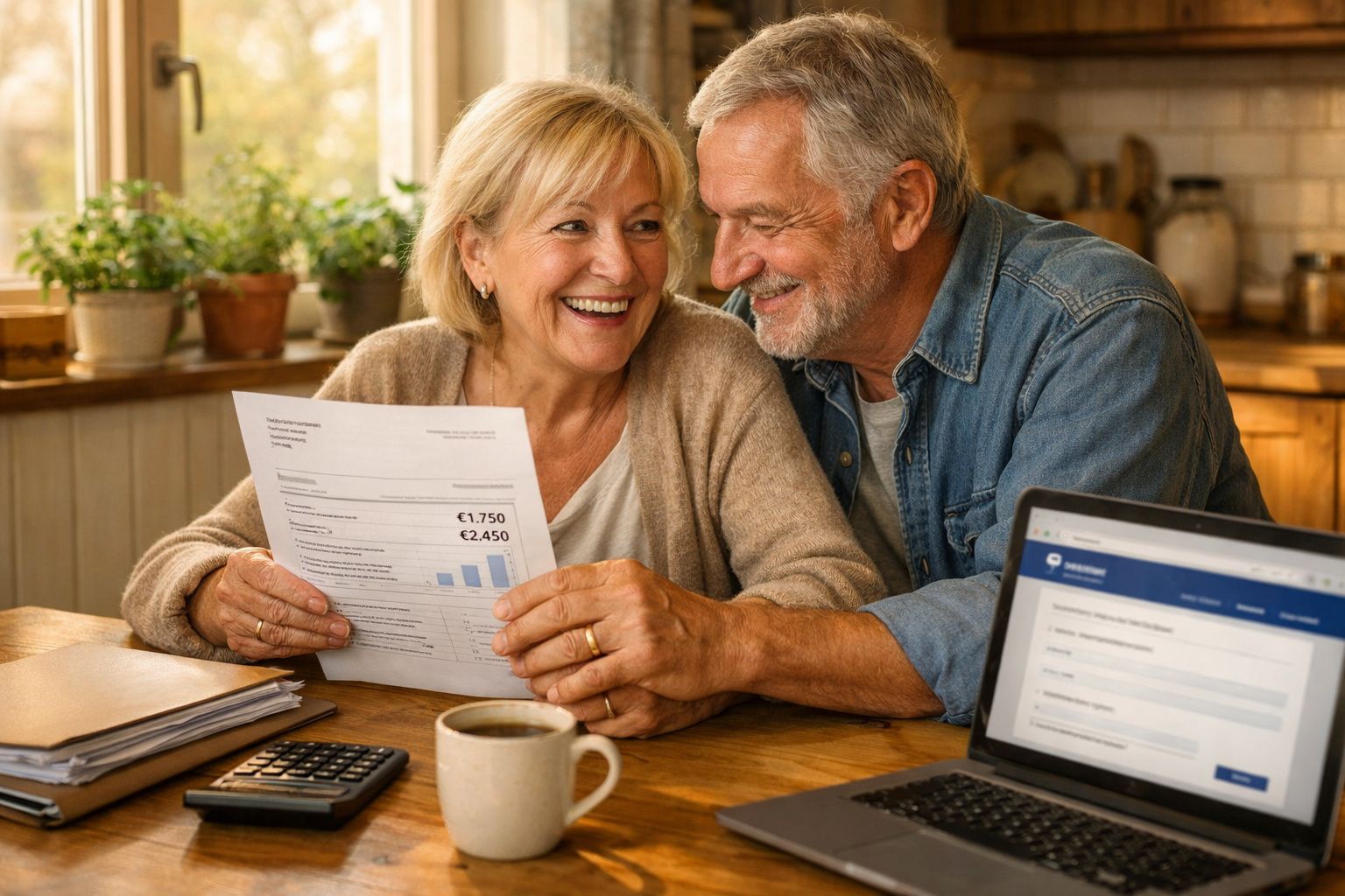 Casal sénior feliz a analisar finanças em casa com documentos, calculadora, café e computador portátil na mesa.