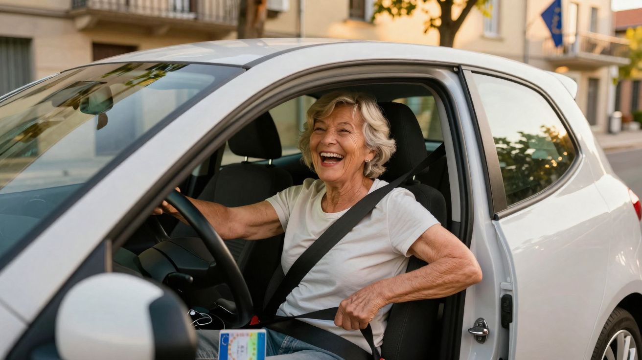 Mulher idosa sorridente a sentar-se no banco do condutor de um carro branco, com cinto de segurança posto.