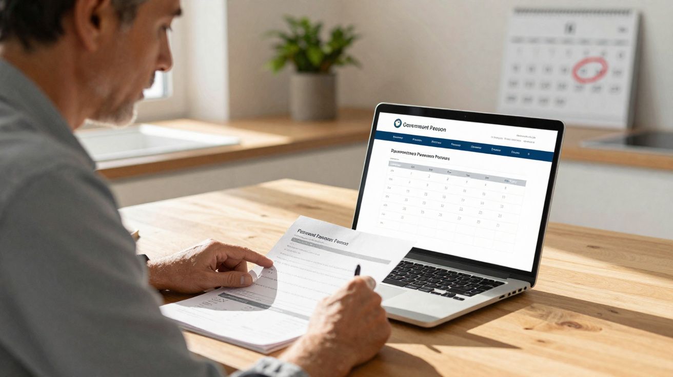 Homem a preencher formulário enquanto consulta calendário online num portátil numa mesa de madeira.