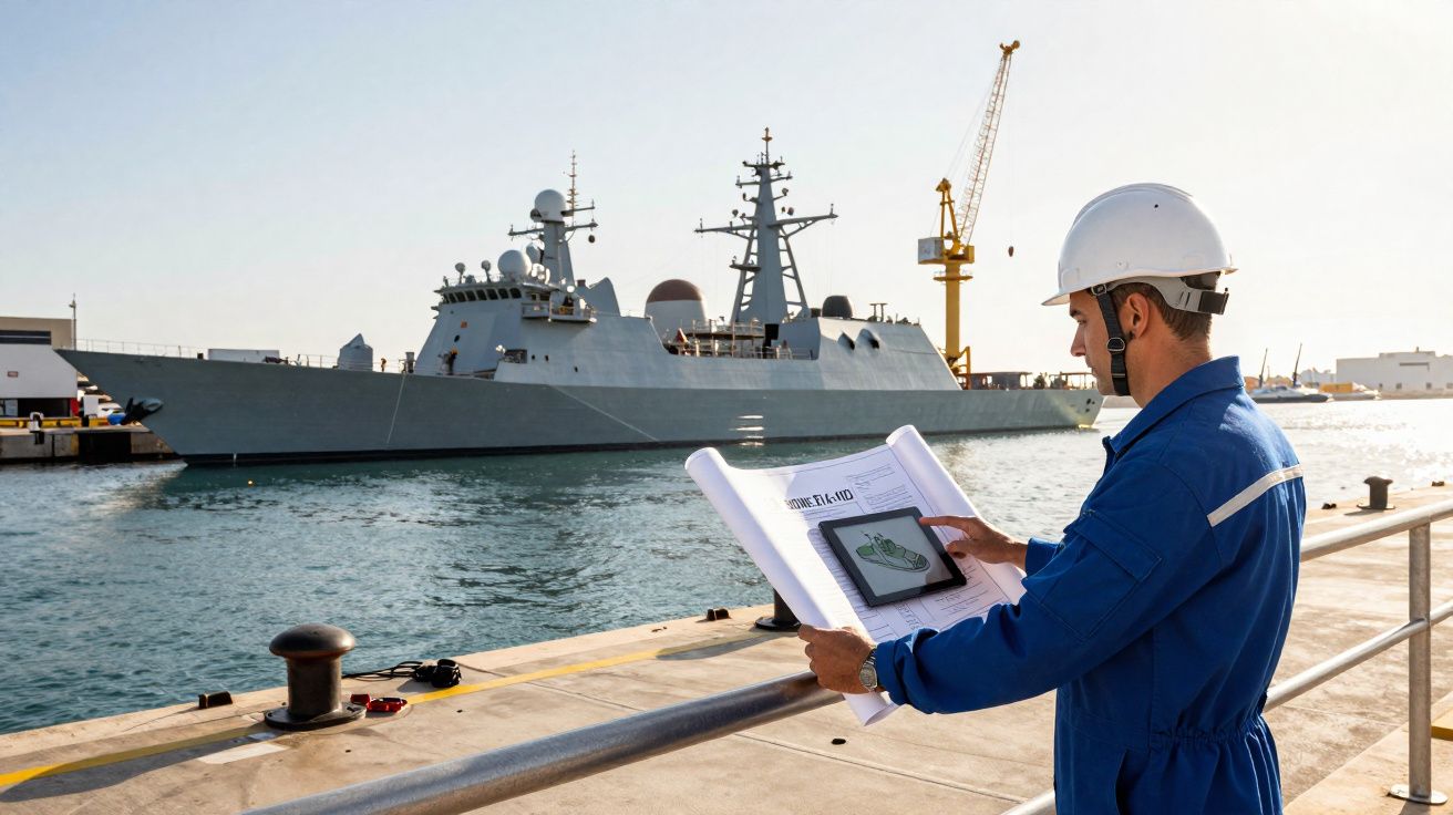 Um trabalhador naval de capacete branco examina plantas junto ao cais com um navio militar cinzento ao fundo.