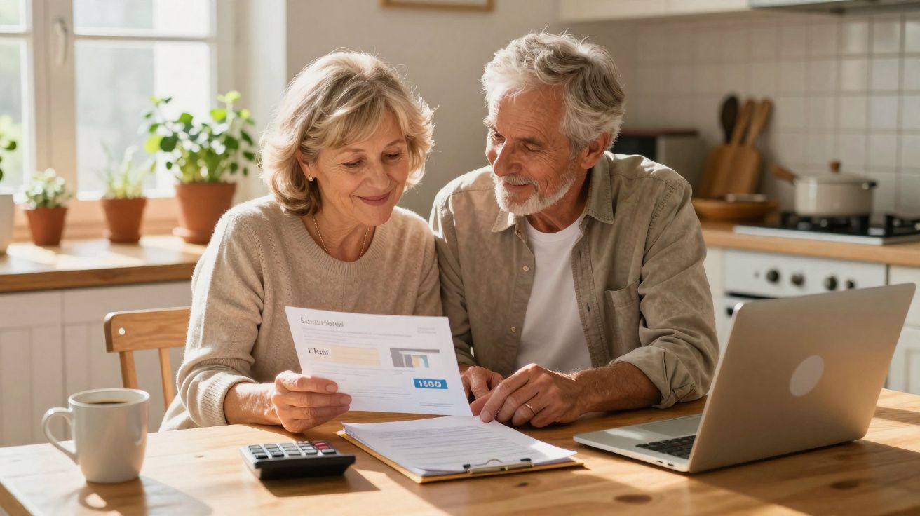 Casal sénior a analisar documentos financeiros na cozinha, com computador portátil e calculadora na mesa.