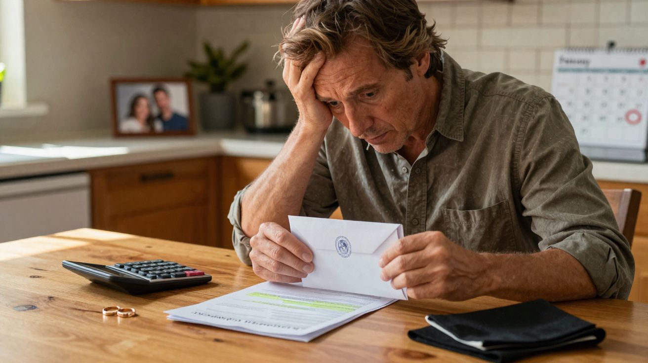 Homem preocupado lê carta junto a documentos e alianças numa mesa de cozinha iluminada.