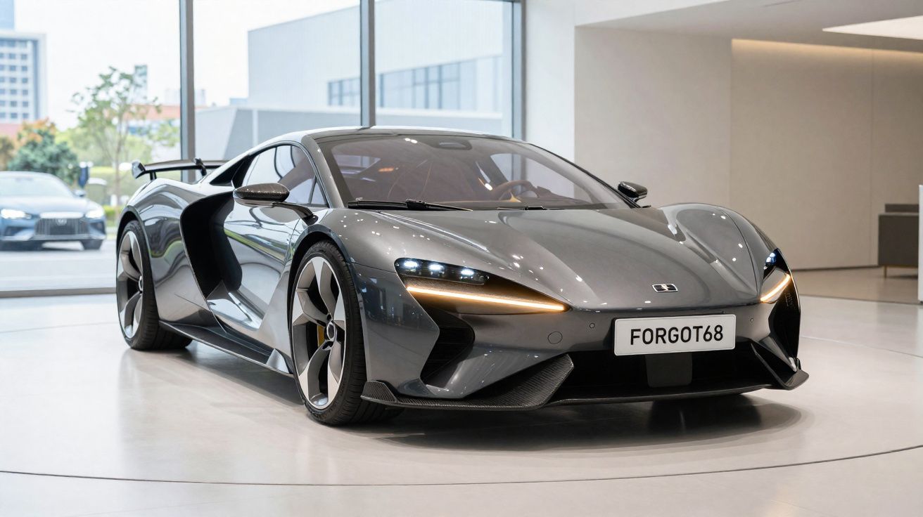 Carro desportivo cinza reluzente em exposição num showroom moderno com luz natural.