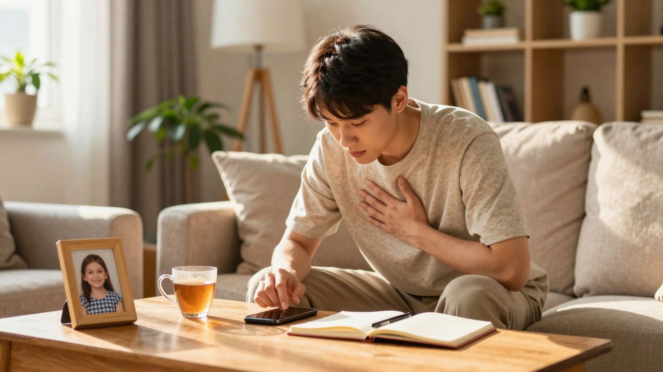Homem sentado no sofá segura o peito com uma mão e usa telemóvel na mesa com chá e foto de criança.