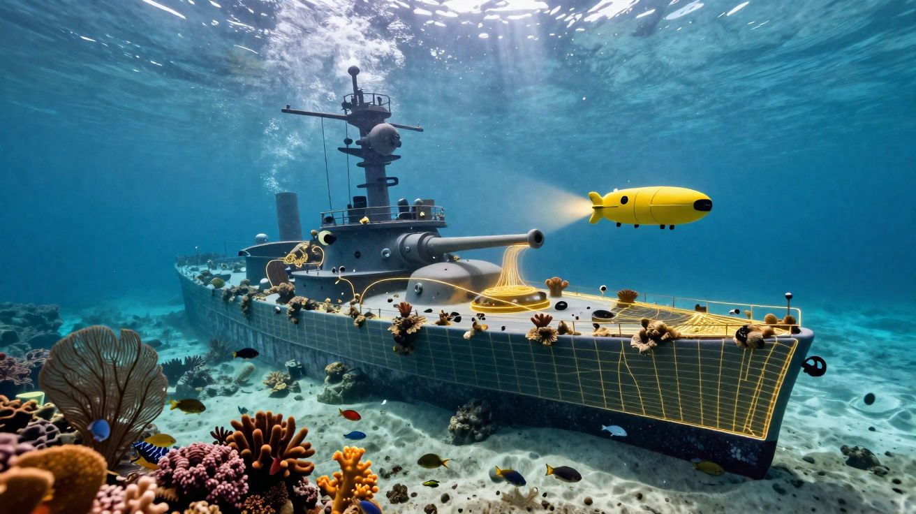 Fragata submersa coberta de corais e peixes com mini-submarino amarelo iluminando o convés.