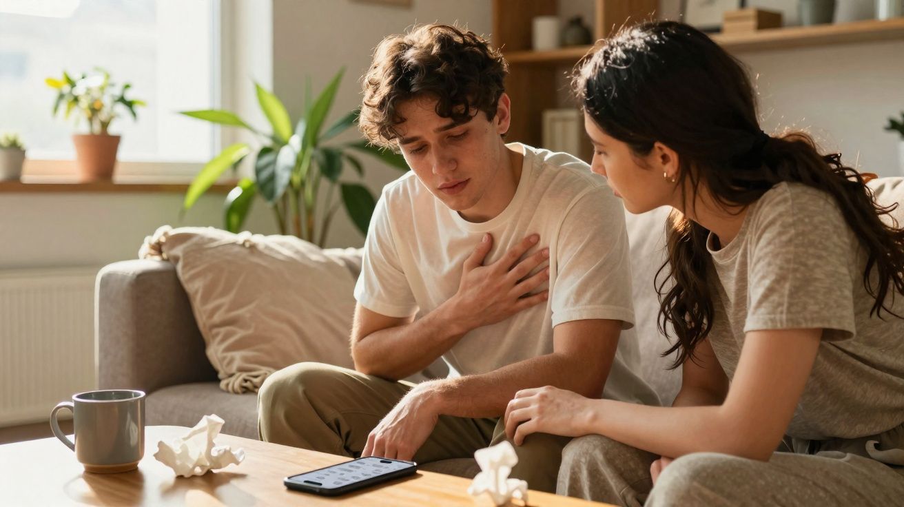 Jovem homem com mão no peito recebe apoio de amiga sentada num sofá numa sala iluminada.