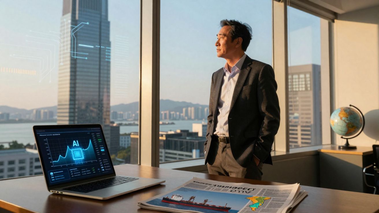 Homem de negócios de pé junto a janela com vista para cidade, ao lado de computador com gráficos de inteligência artificial.