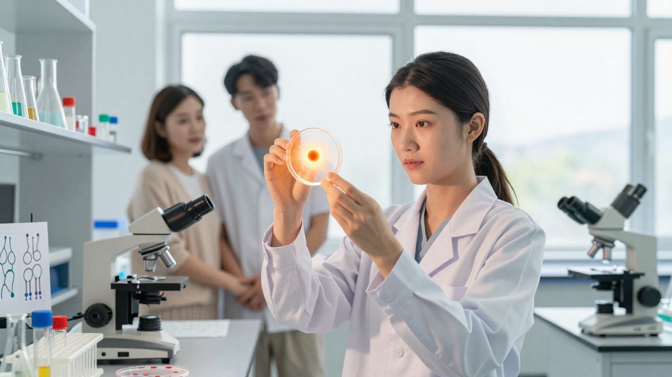 Cientista feminina a observar placa de Petri com cultura celular num laboratório moderno.