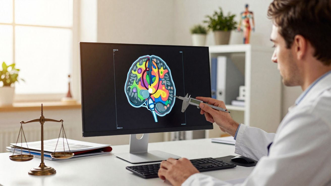 Médico a analisar imagem colorida do cérebro no ecrã de computador num consultório com balança na secretária.