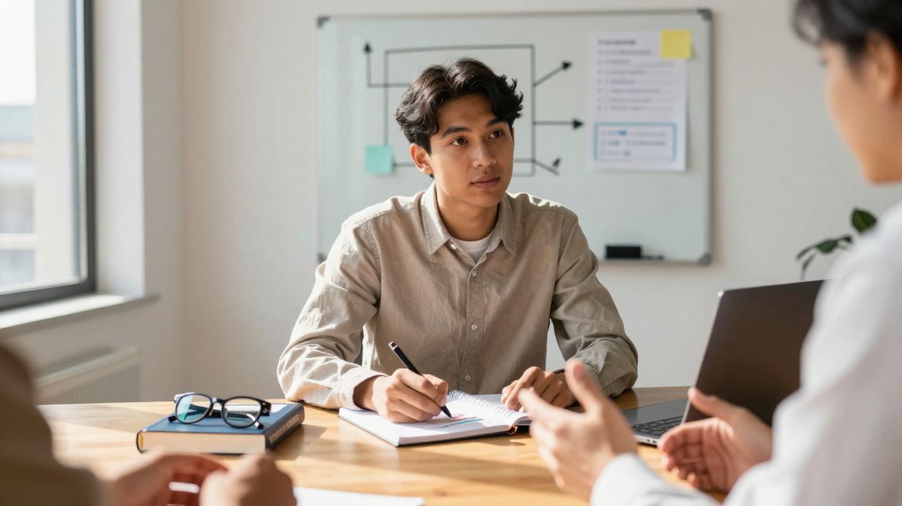 Jovem a tomar notas durante uma reunião num escritório com quadro branco ao fundo e laptop à frente.