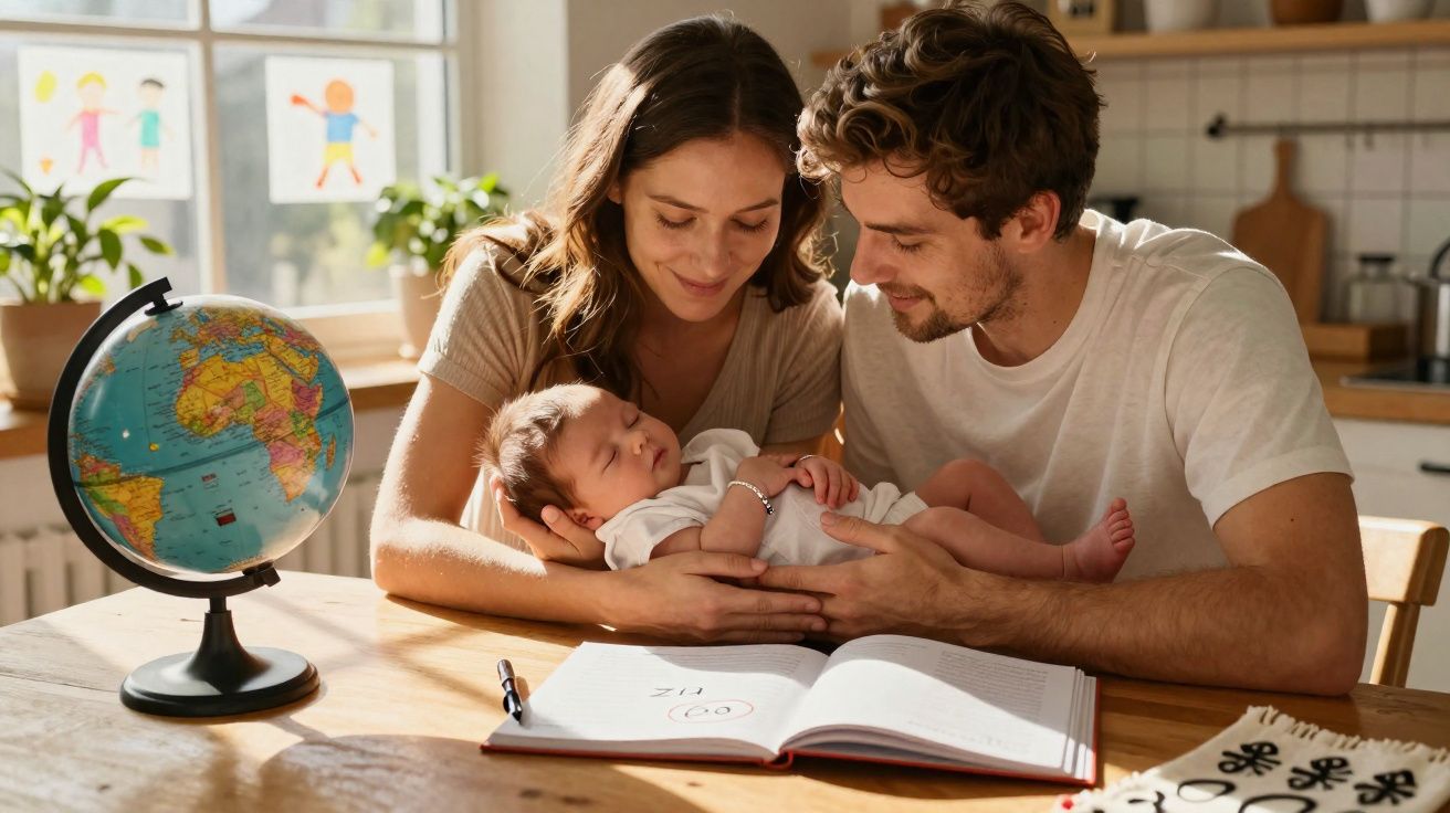 Casal sorridente abraça bebé na cozinha, com livro aberto e globo terrestre sobre a mesa.