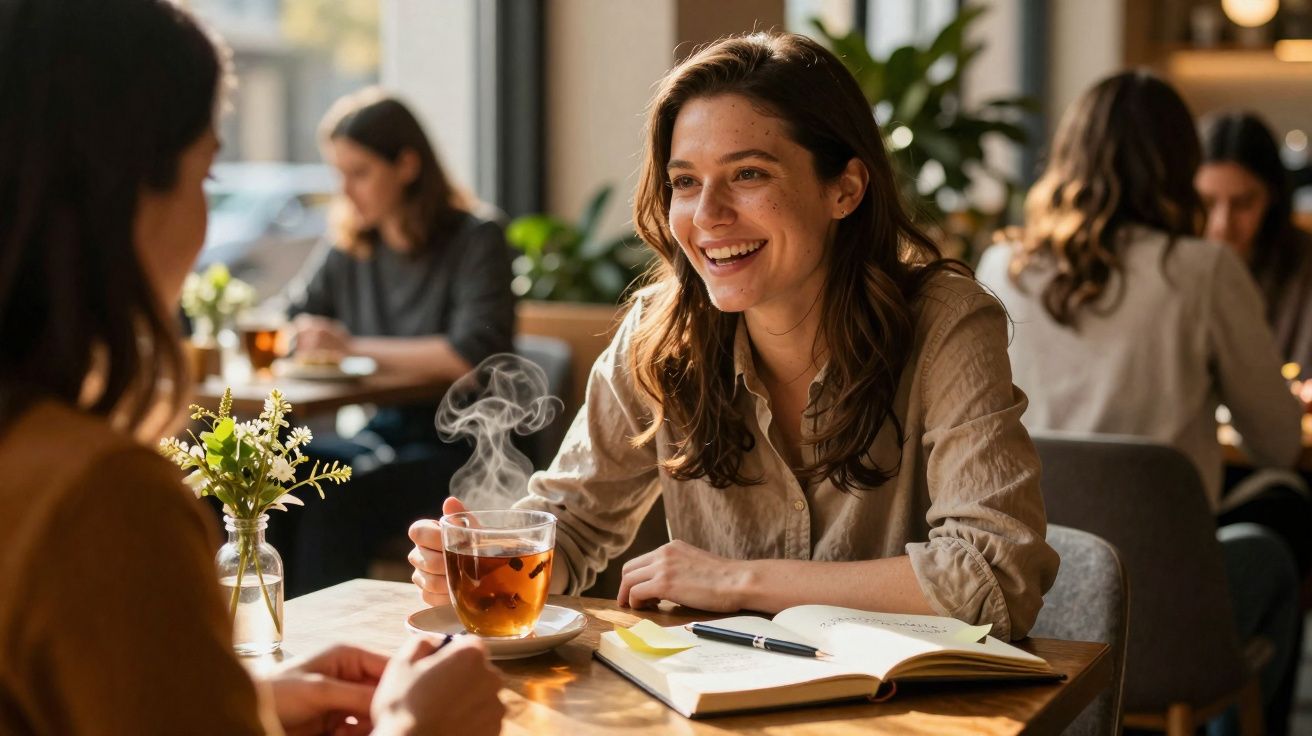 Duas mulheres conversam sorrindo num café, uma segura uma chávena de chá quente, com livro aberto na mesa.