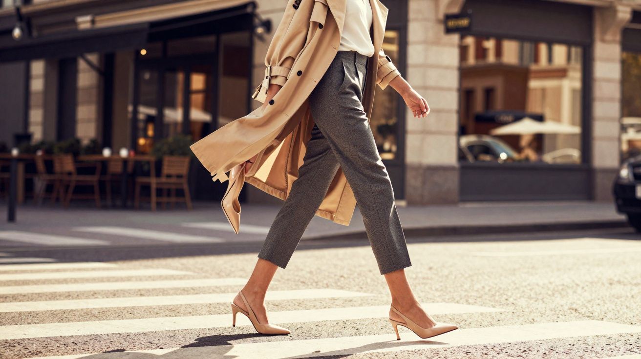 Pessoa a atravessar passadeira de peões numa rua urbana, vestindo casaco bege e sapatos de salto altos.