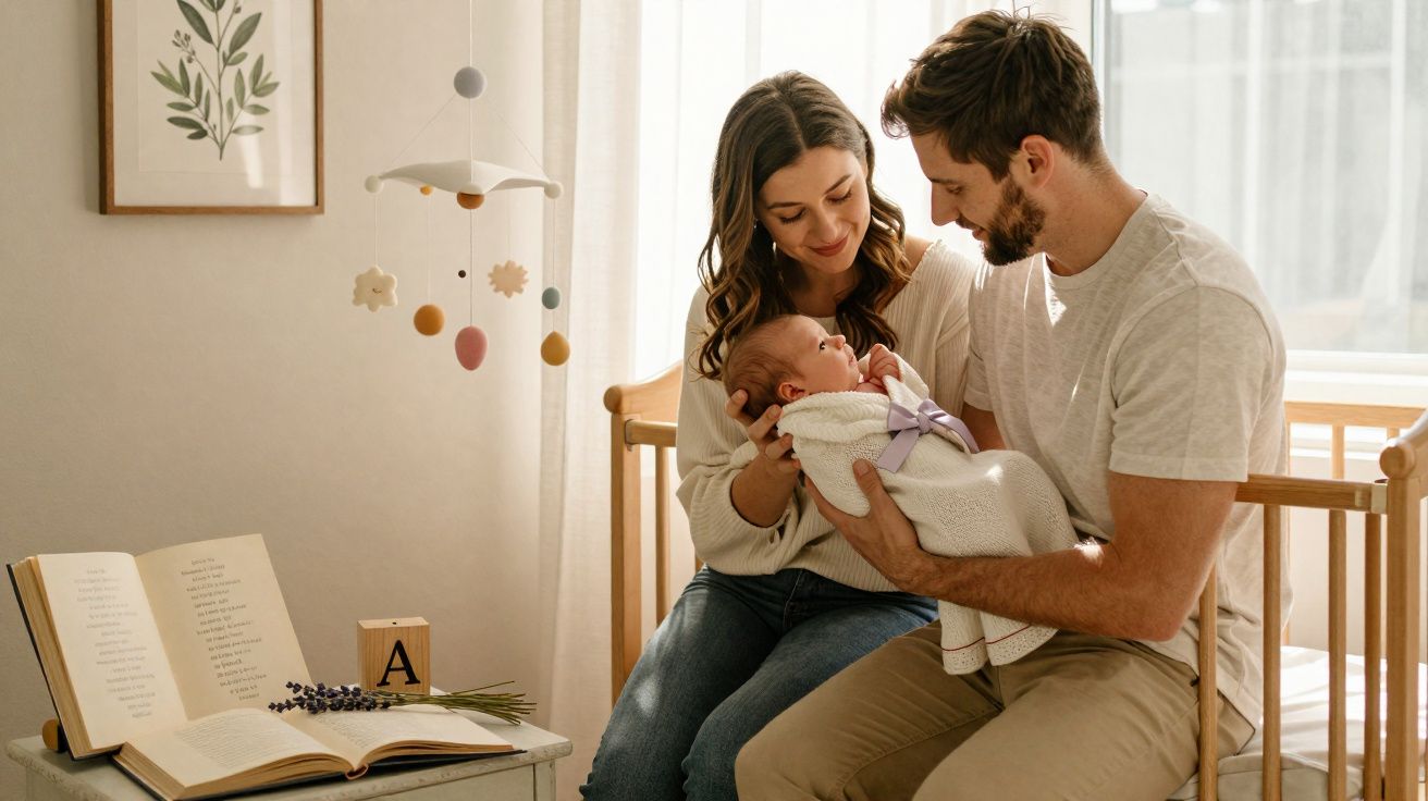 Pais sorridentes seguram bebê enrolado em manta dentro do quarto do bebé, junto ao berço e mesa com livro aberto.