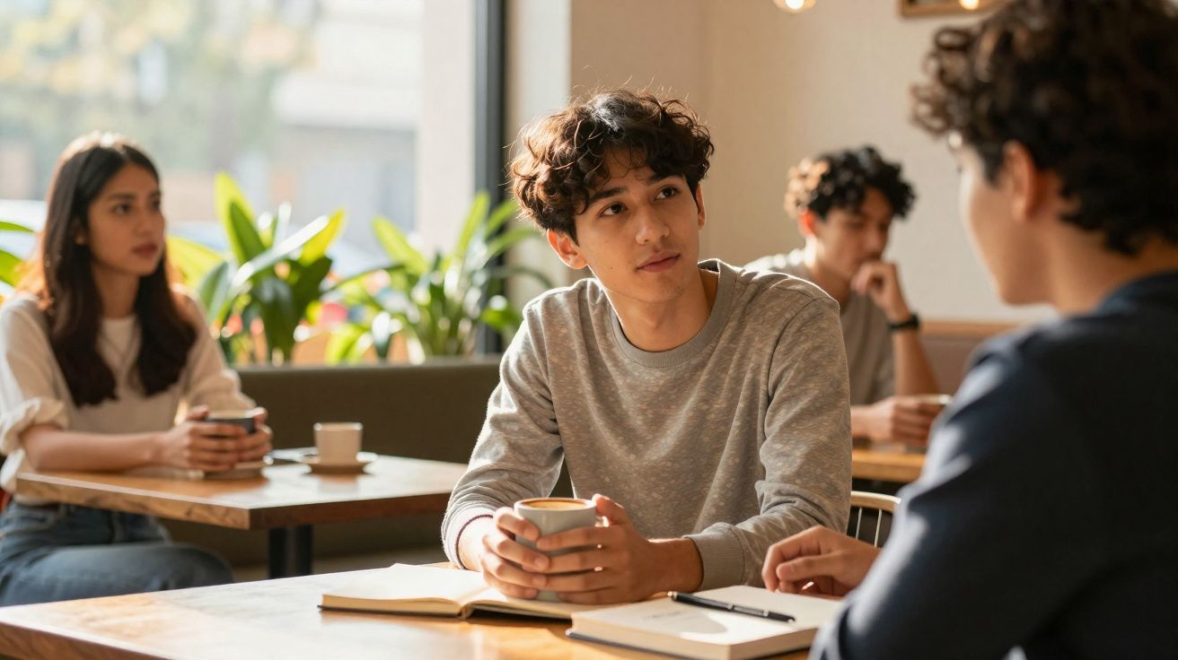 Dois jovens sentados a conversar num café, com pessoas ao fundo e luz natural a entrar pela janela.