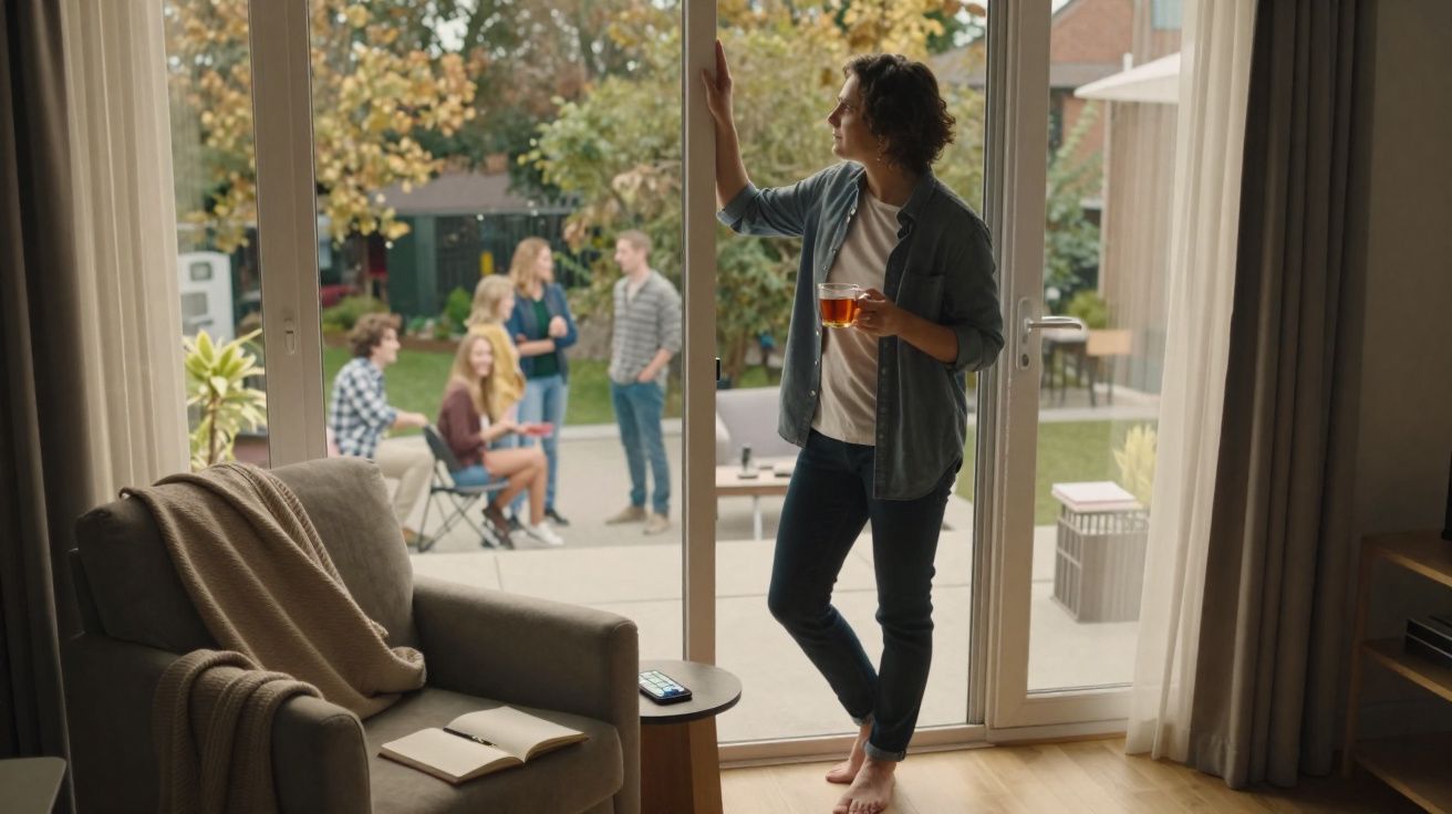 Pessoa de pé junto a porta de vidro com chá, olhando para grupo de amigos no exterior num dia de outono.