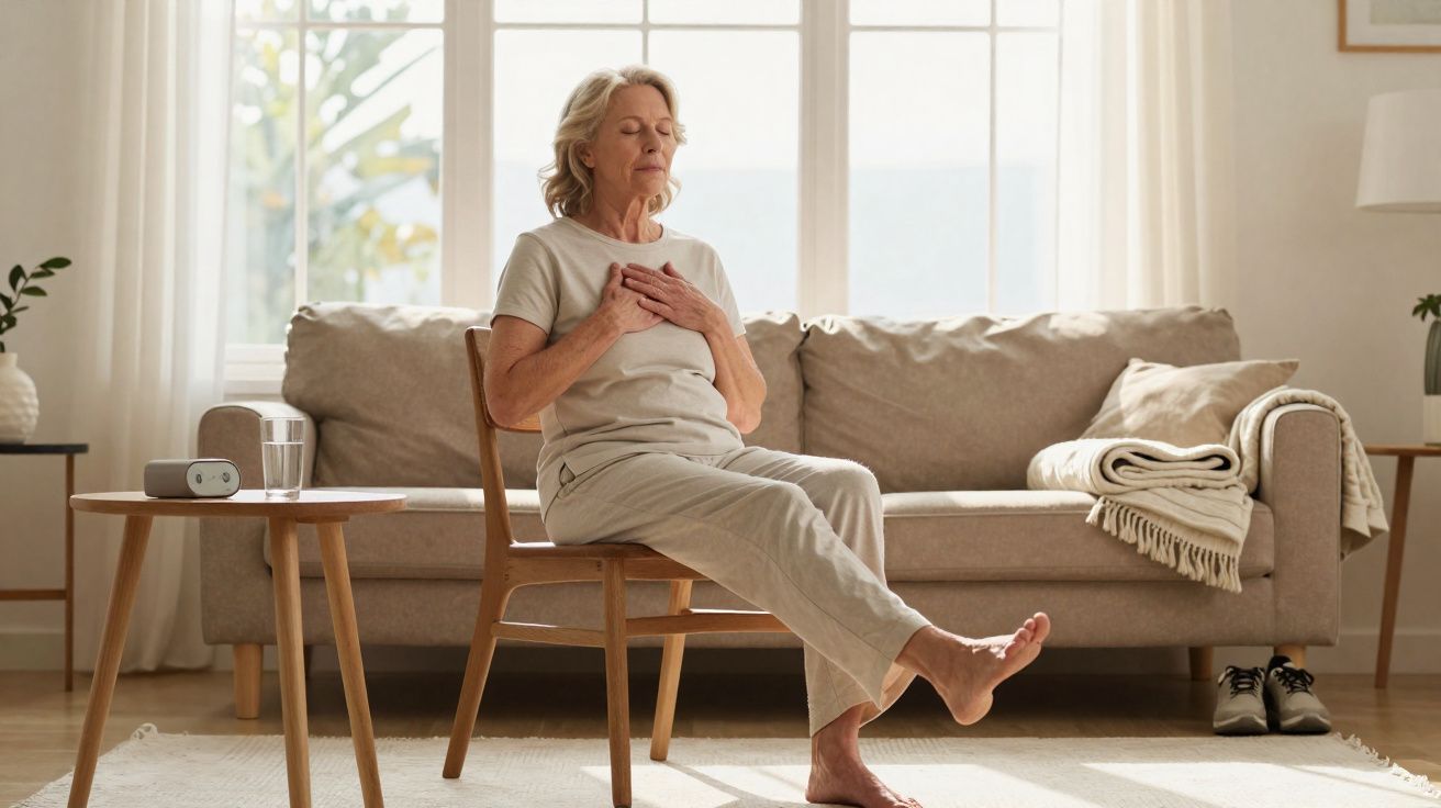 Mulher idosa sentada numa cadeira na sala, com as mãos no peito e os olhos fechados, a relaxar.