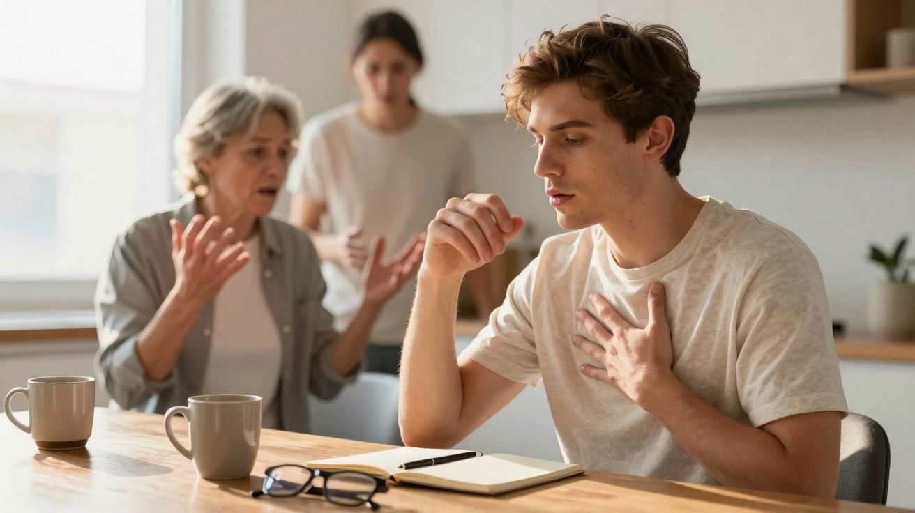 Jovem preocupado senta-se à mesa enquanto duas mulheres discutem ao fundo numa cozinha.