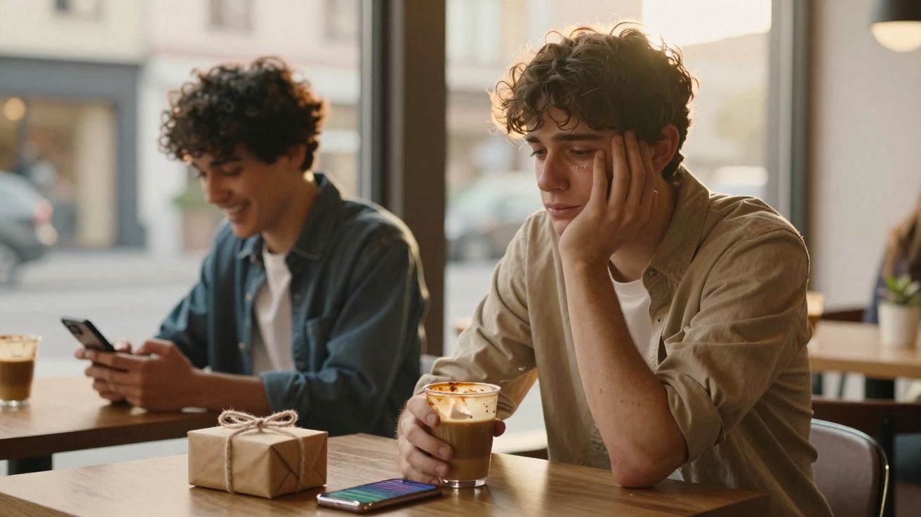 Dois jovens sentados em café, um feliz no telemóvel e outro triste com lágrima, segurando uma chávena de café.