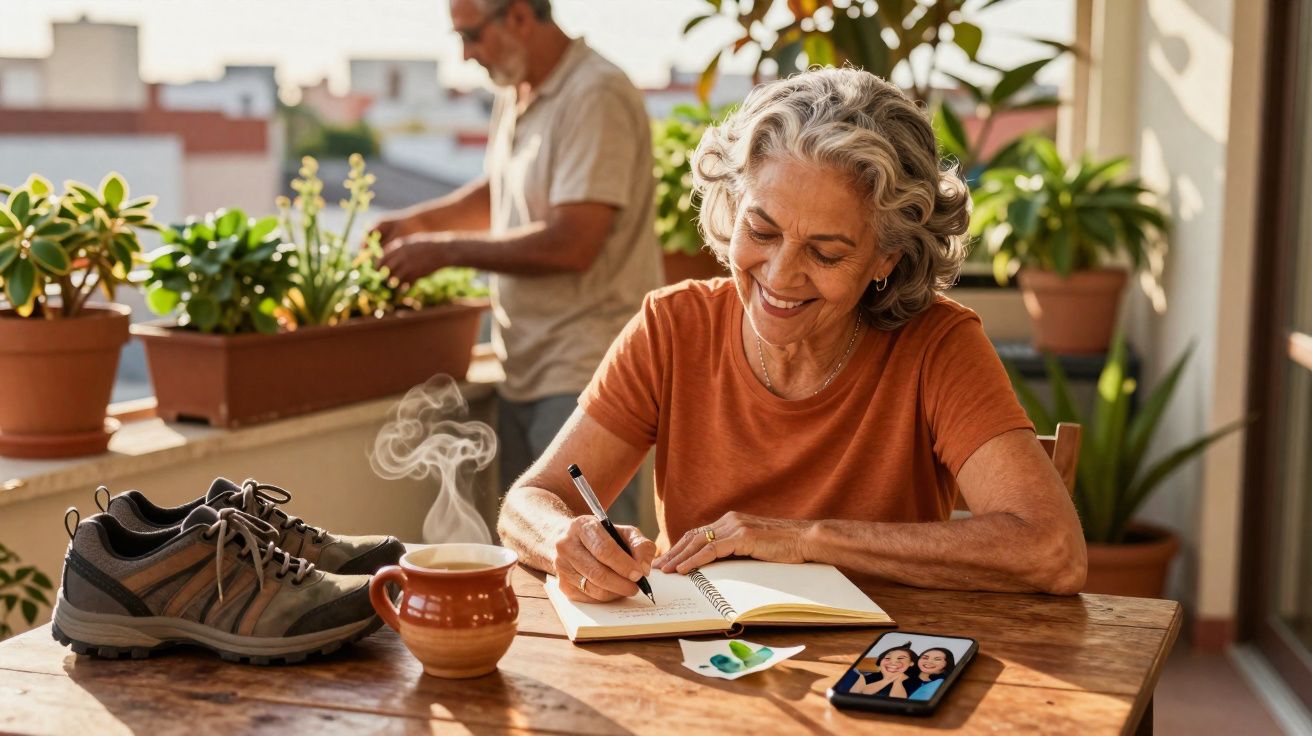 Mulher idosa alegre escreve num caderno, com chá quente e sapatos na mesa, enquanto homem cuida das plantas ao fundo.