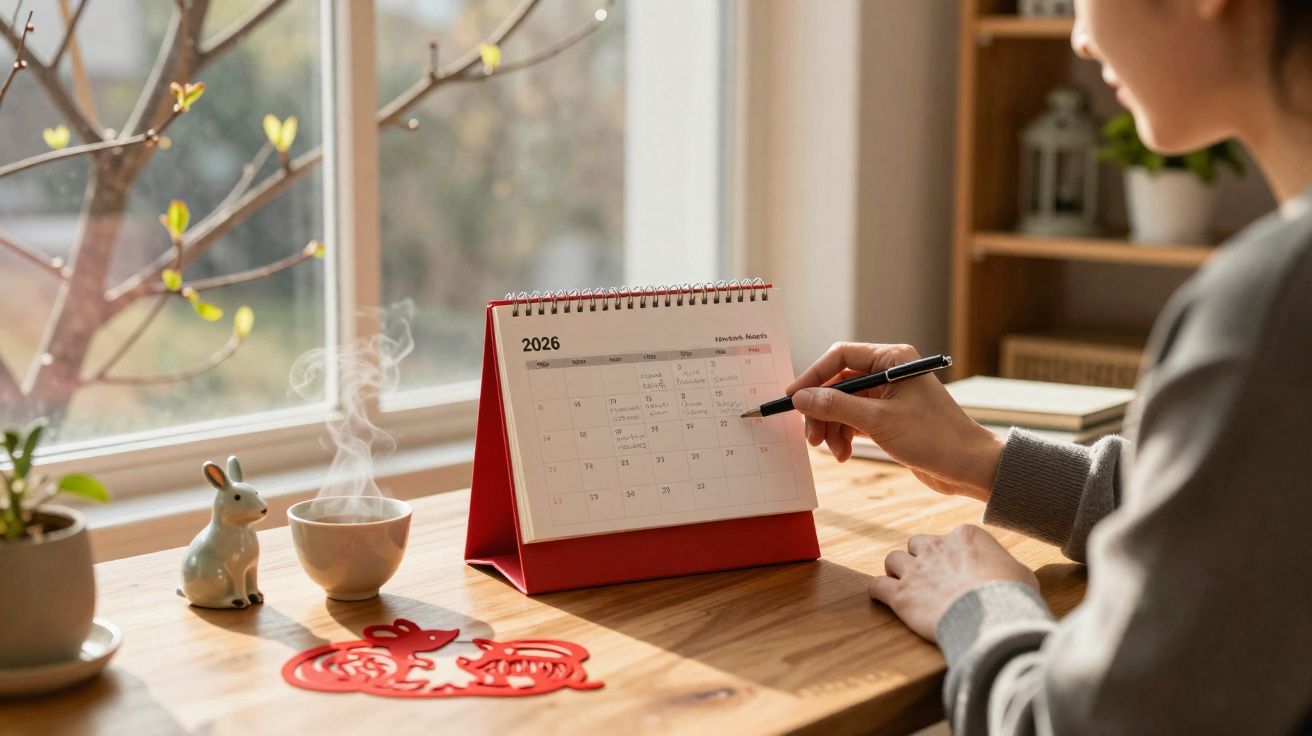 Pessoa a apontar uma data num calendário de secretária vermelho, junto a chá quente e decoração à janela.