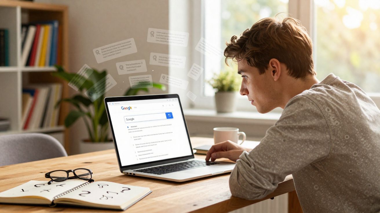 Jovem sentado à mesa a pesquisar no Google, com cadernos, óculos e caneca ao lado, numa sala iluminada.