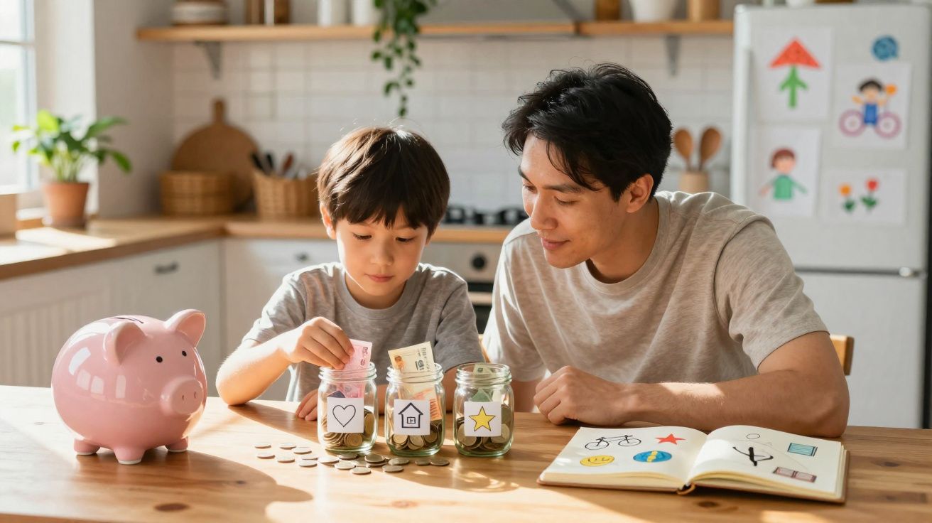 Pai e filho a guardar moedas em frascos de vidro etiquetados com coração, casa e estrela numa cozinha.