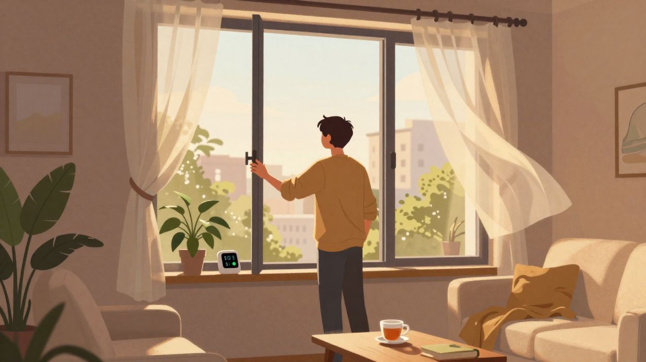 Pessoa abre janela de uma sala acolhedora com plantas, sofá e uma mesa com chá e livro.