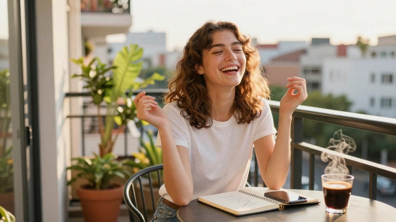 Mulher sorridente sentada na varanda com caderno, telemóvel e café com vapor numa mesa redonda.
