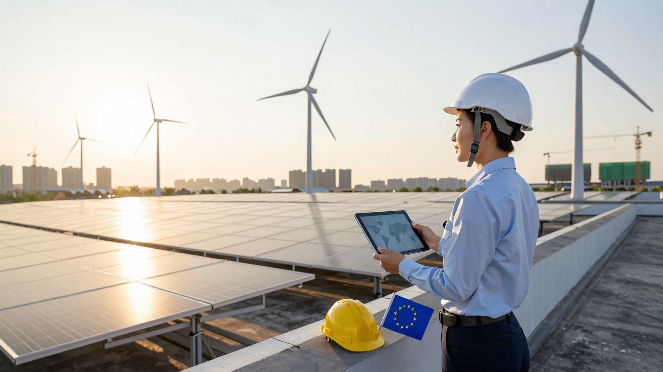 Engenheiro com capacete branco analisa painéis solares e turbinas eólicas ao pôr do sol numa cidade.