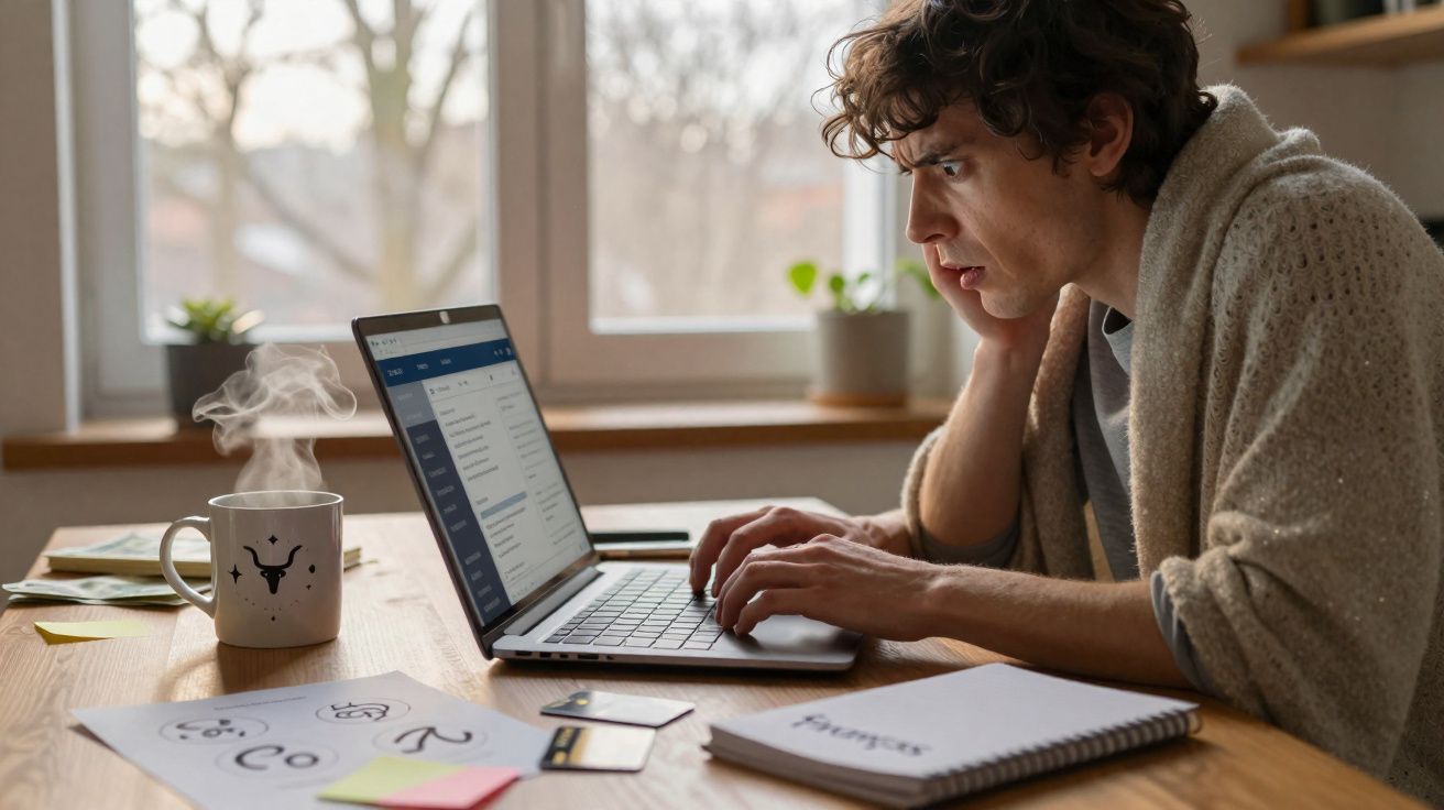 Jovem concentrado a trabalhar num portátil numa mesa com caneca de café fumegante e materiais de estudo.