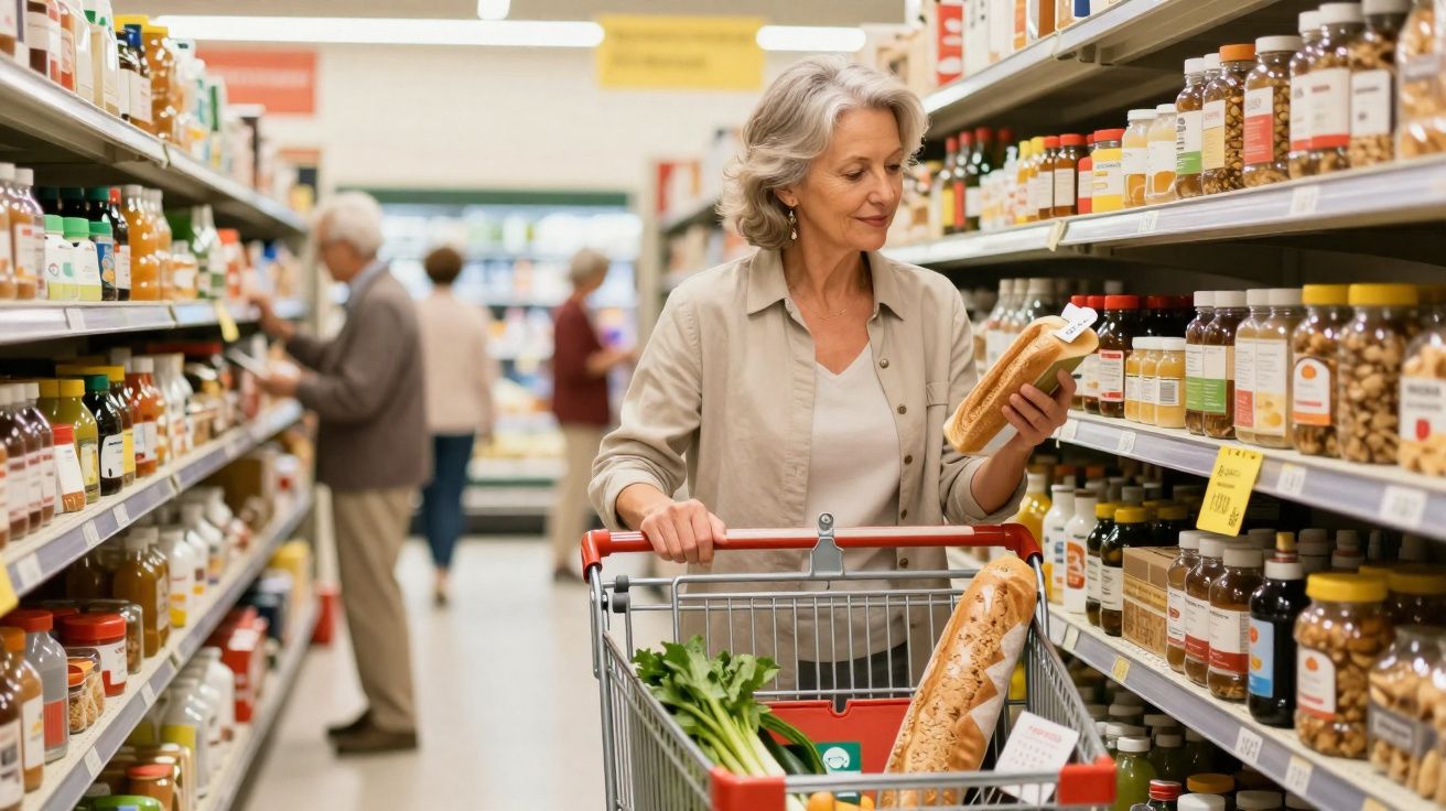 Mulher sénior a fazer compras num supermercado, segurando pão e empurrando carrinho com legumes.