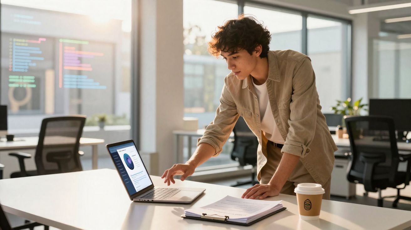 Jovem a trabalhar num escritório moderno, consultando dados num portátil sobre uma mesa com documentos e café.