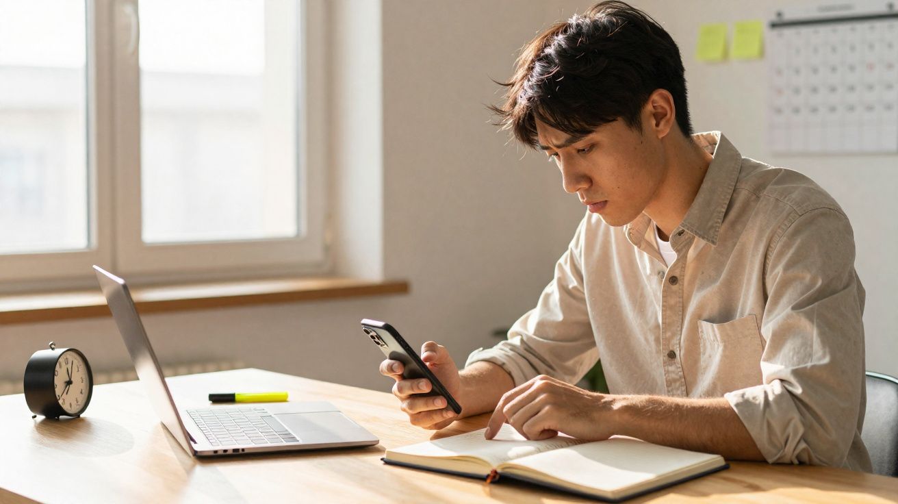 Jovem a estudar numa mesa com portátil, telemóvel, caderno e relógio analógico, numa sala iluminada.