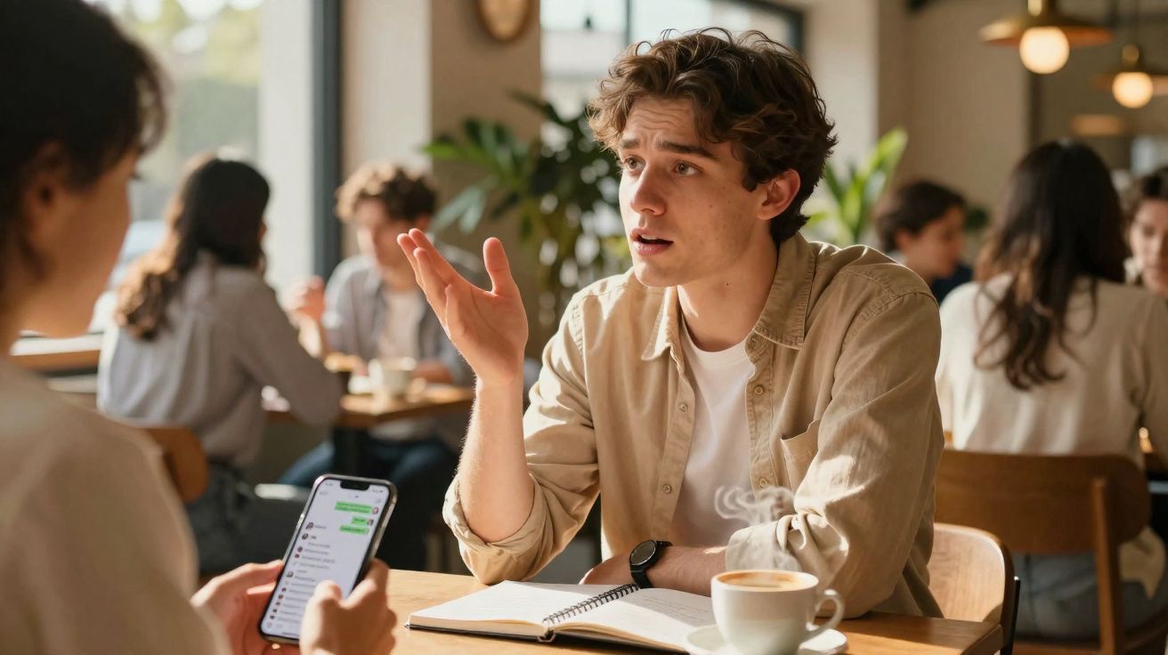 Jovem conversa expressivamente numa cafeteria, com livro aberto e chá na mesa, enquanto outra pessoa segura um telemóvel.