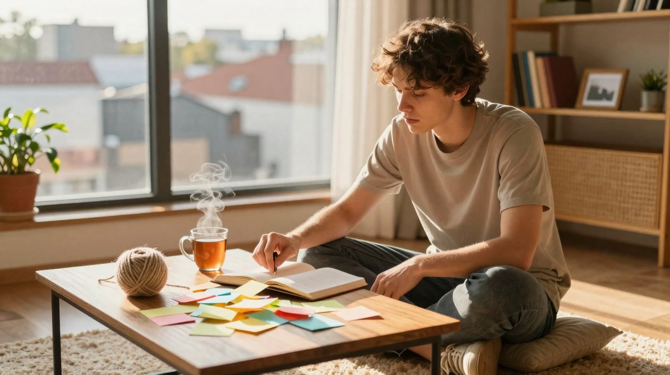 Jovem sentado no chão a estudar com livros, notas coloridas e chá quente numa sala iluminada.