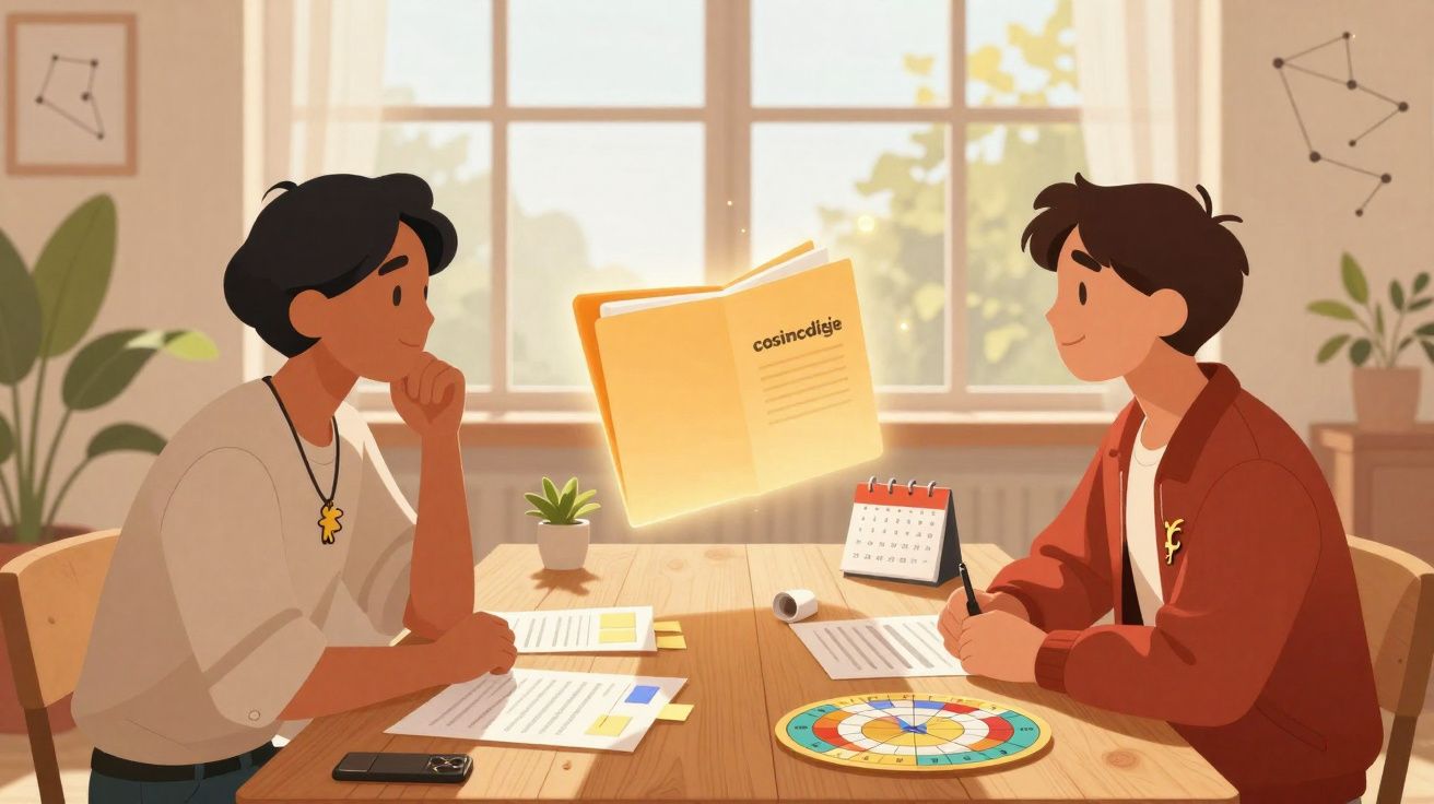 Duas pessoas sentadas à mesa a discutir documentos num ambiente iluminado e acolhedor.