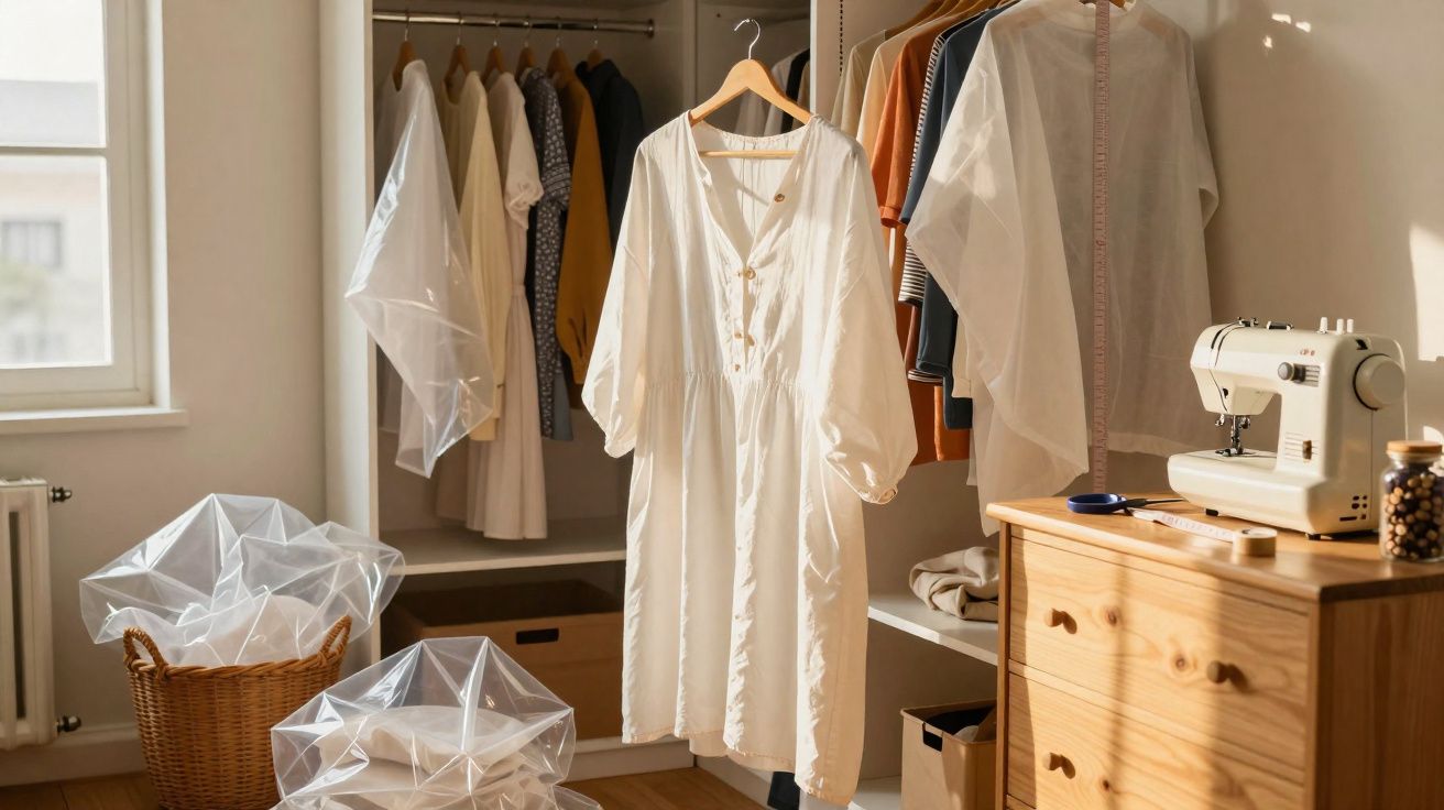 Roupa pendurada num closet iluminado pelo sol, com máquina de costura e tecidos transparentes.