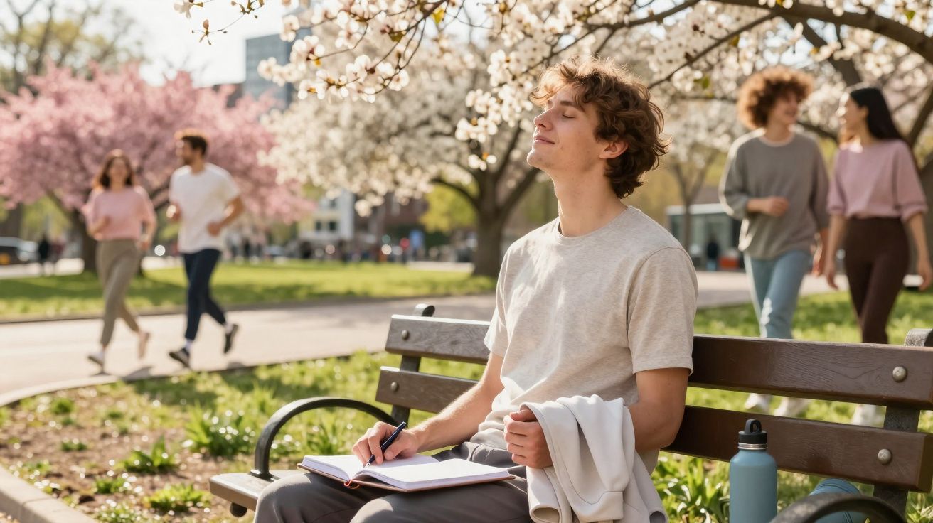 Jovem sentado num banco de jardim, escrevendo num caderno e a aproveitar o sol de primavera.