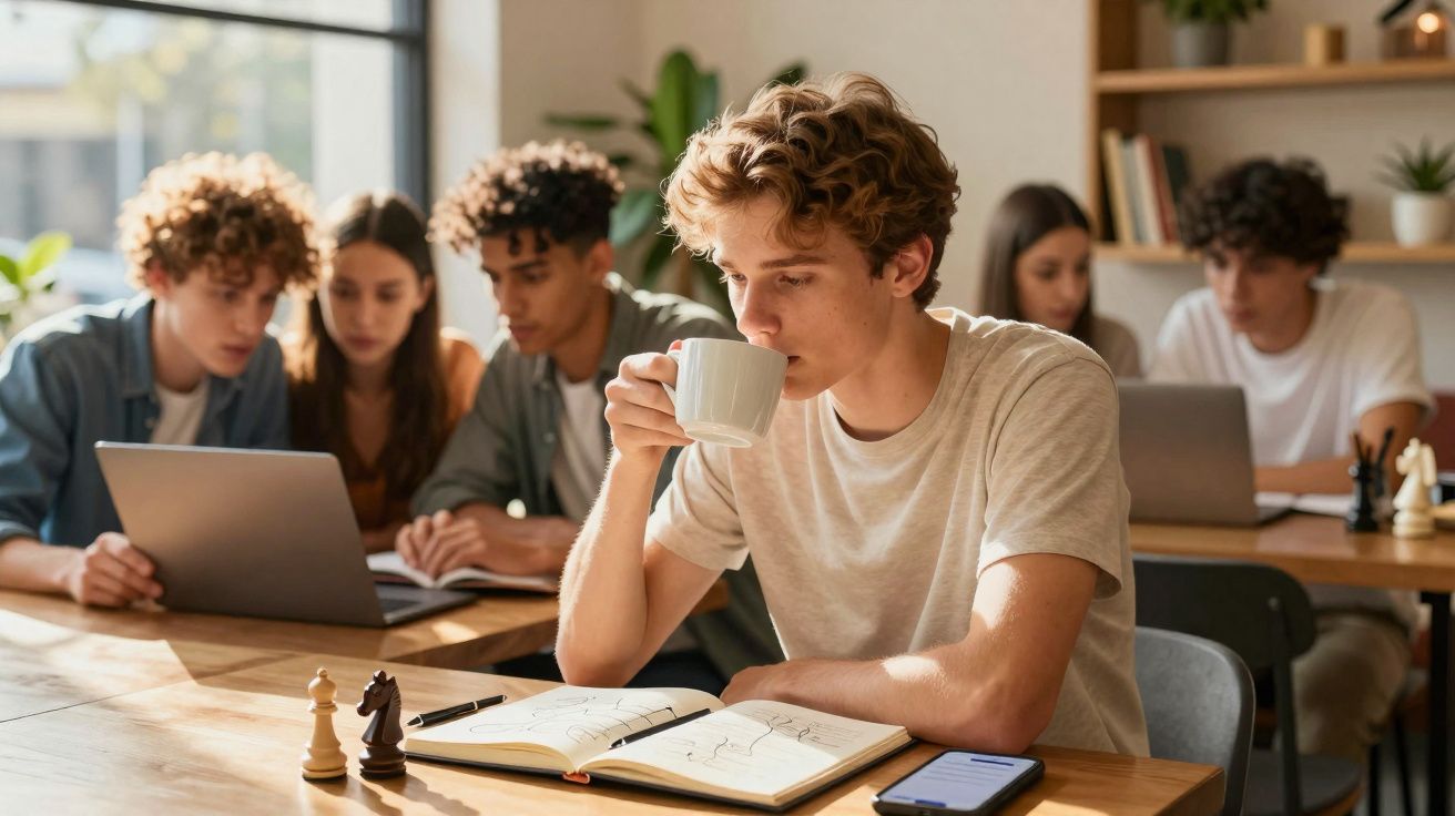 Jovem a beber chá enquanto trabalha num caderno, com grupo de colegas a estudar e usar computadores ao fundo.