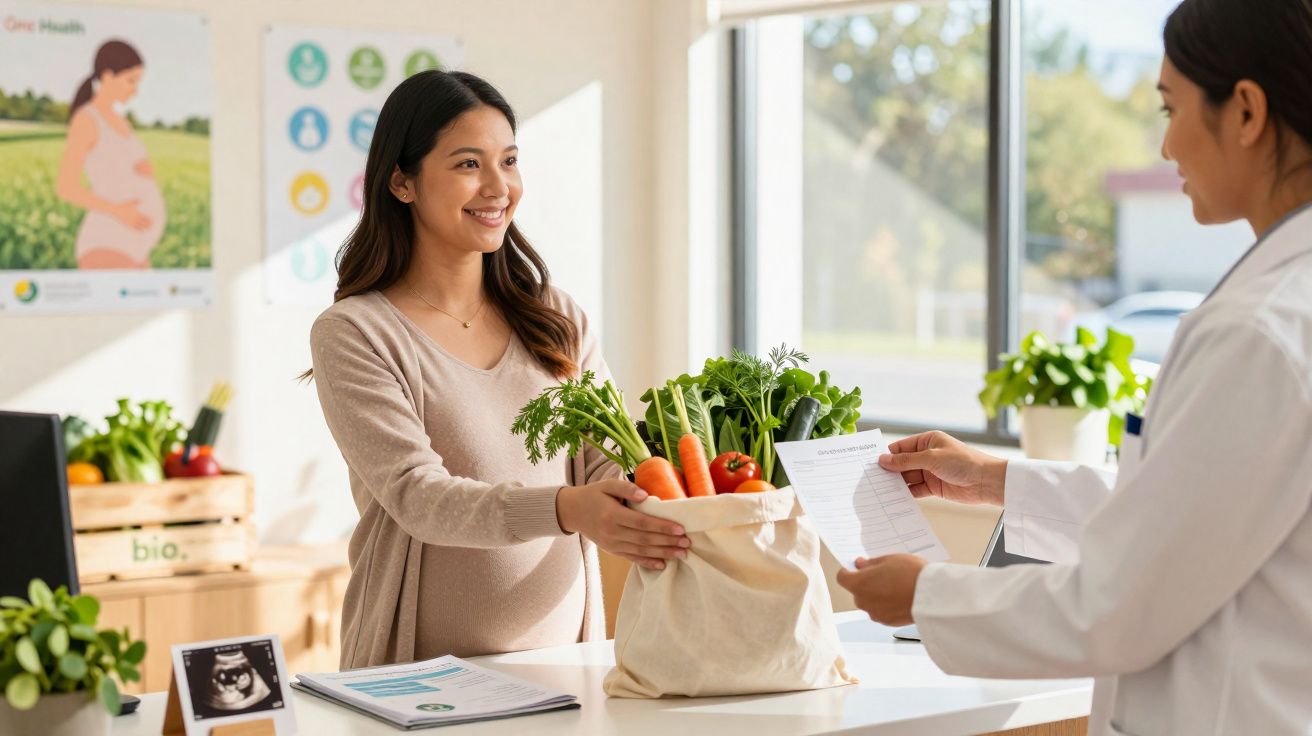 Mulher grávida recebe aconselhamento nutricional e legumes frescos numa consulta médica.