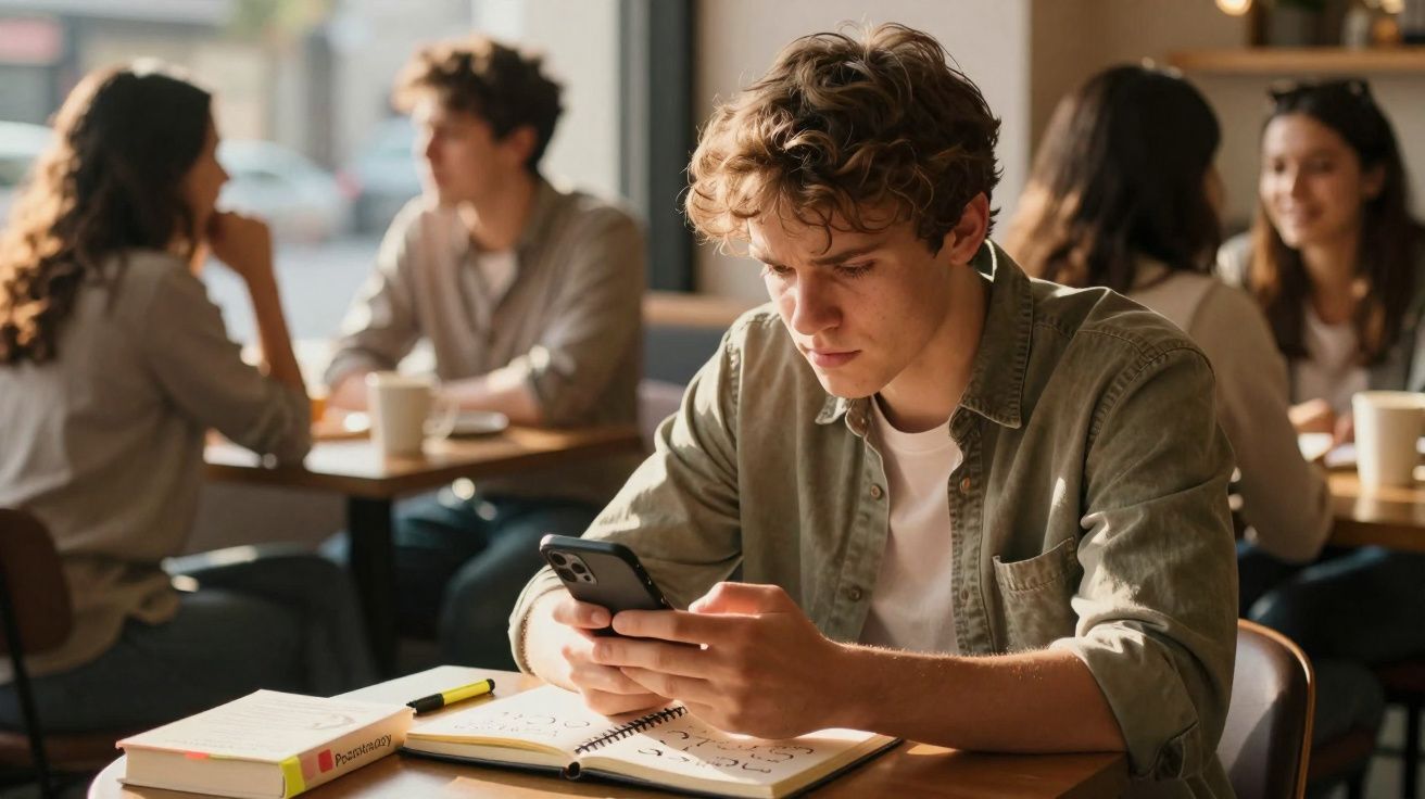 Jovem sentado numa mesa de café, a olhar concentrado para o telemóvel, com livros e caderno abertos à sua frente.
