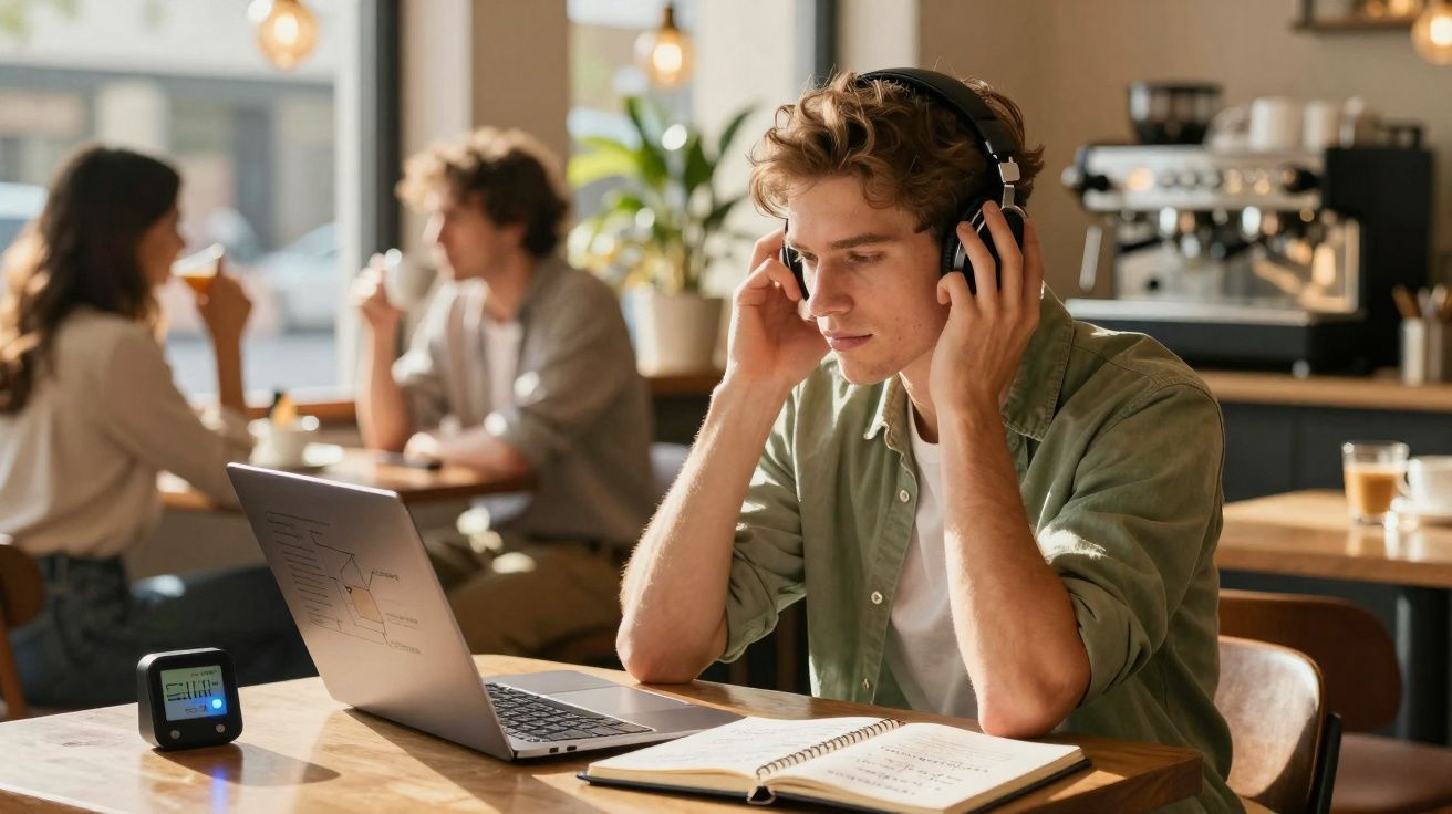 Jovem com auscultadores a usar portátil e caderno num café com outras pessoas ao fundo.
