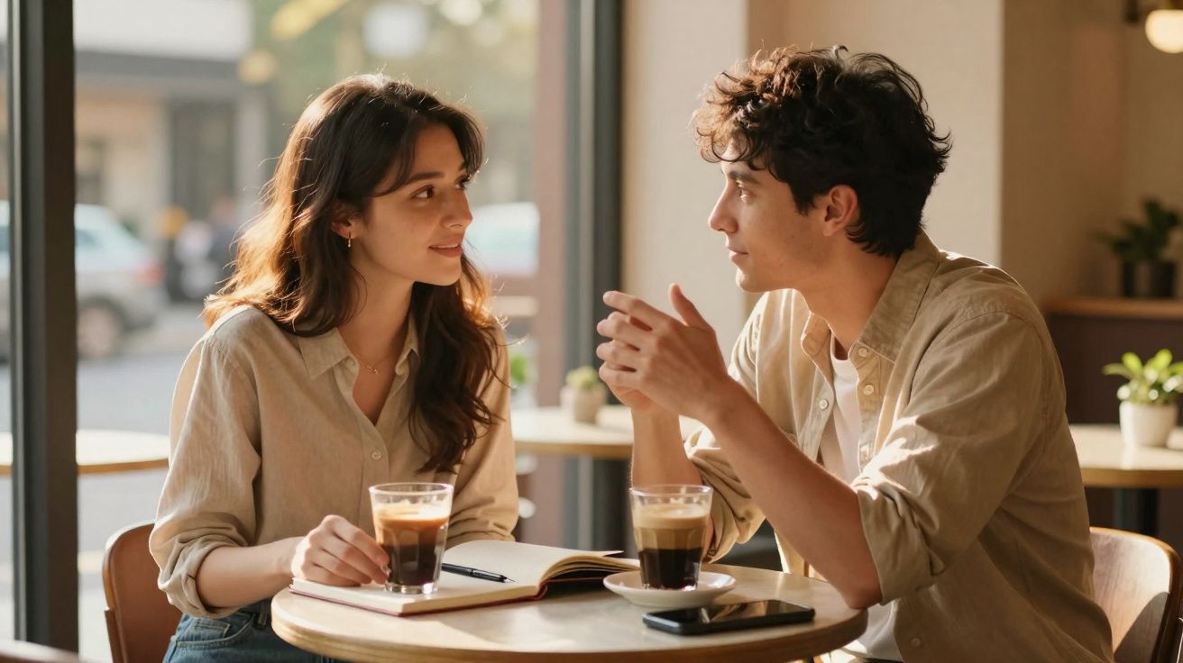 Jovem rapaz e rapariga sentados à mesa de café a conversar, com bebidas e caderno à frente.