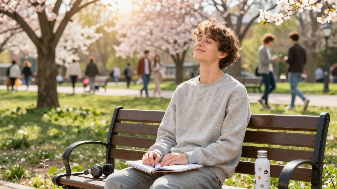 Jovem sentado num banco de parque primaveril, a sorrir com olhos fechados, livro e auscultadores ao lado.