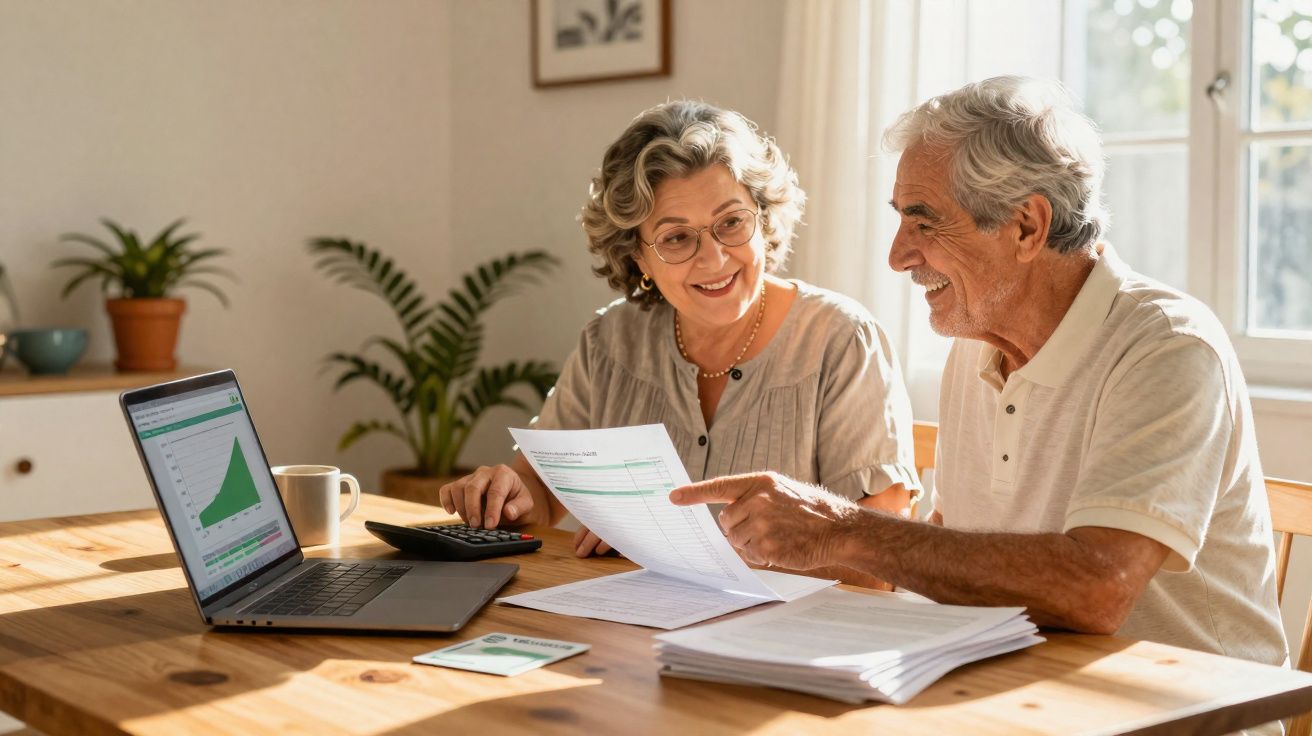 Casal sénior sentado à mesa a analisar documentos e gráficos financeiros num ambiente luminoso e acolhedor.