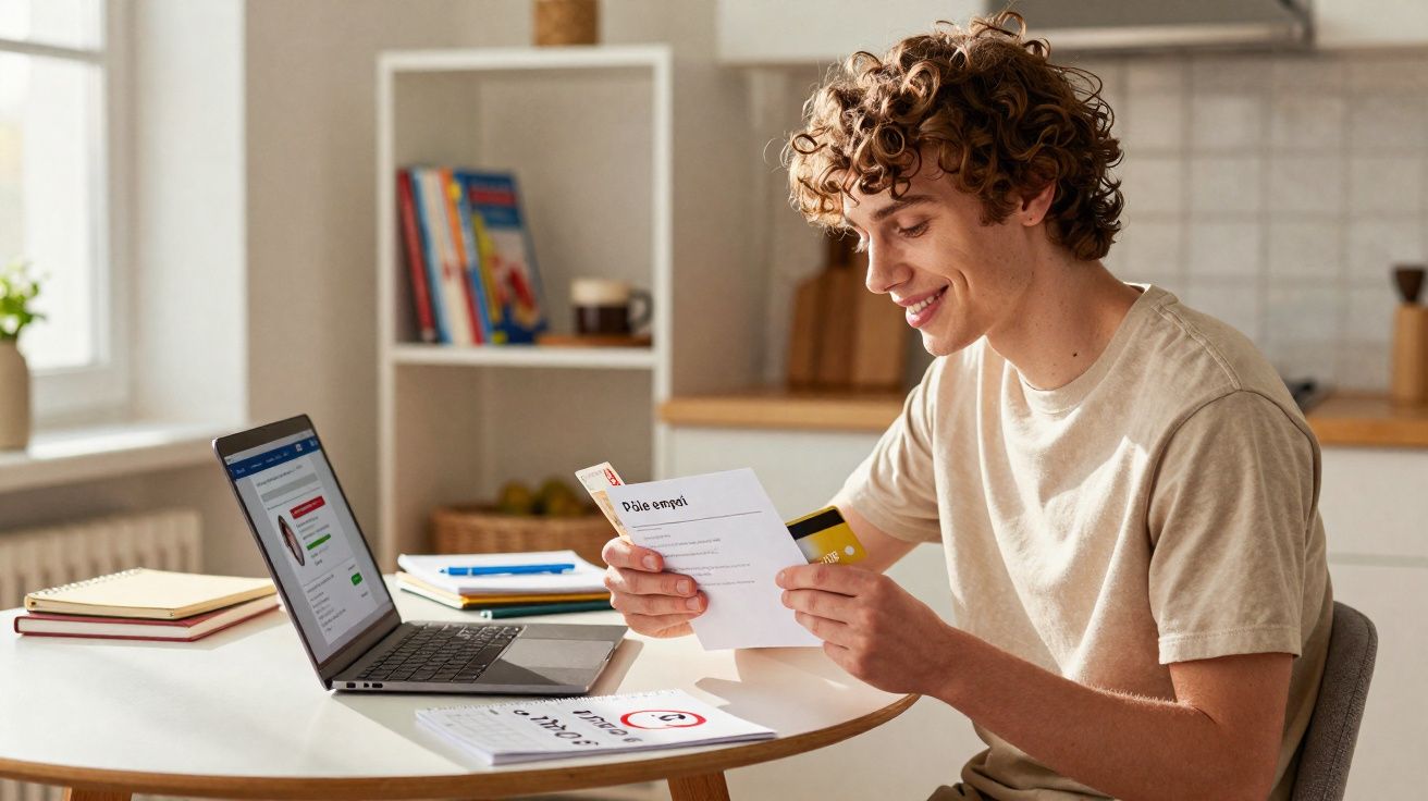 Jovem sorridente sentado à mesa a ler documentos e a utilizar um computador portátil numa cozinha luminosa.