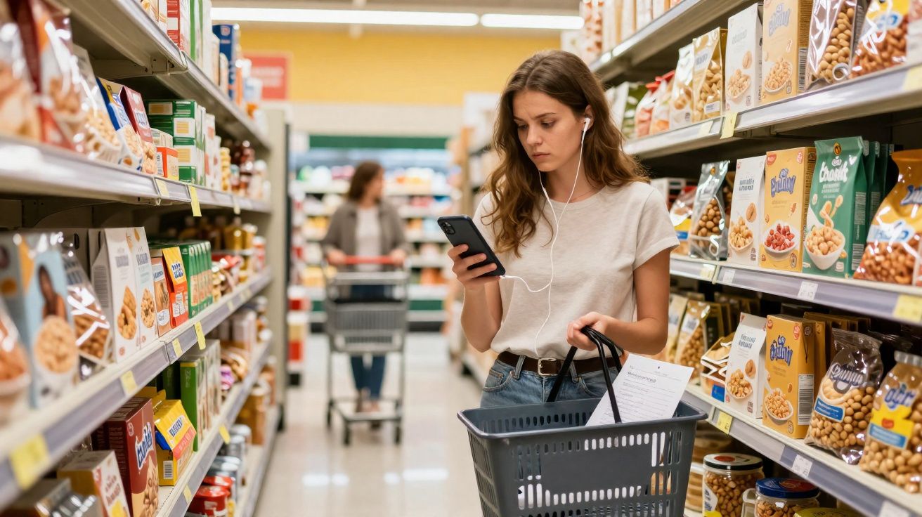 Mulher a fazer compras no supermercado, segurando telemóvel e cesto com lista de compras.